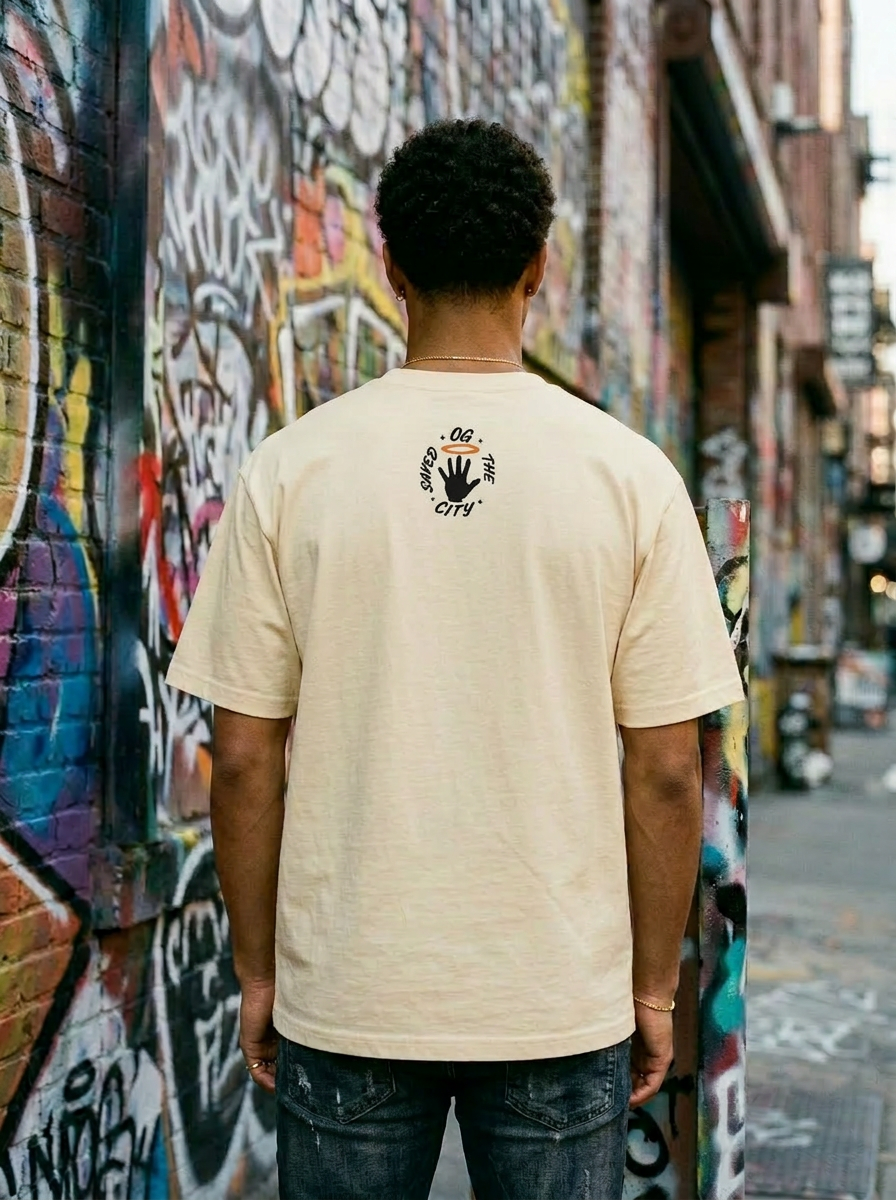 Model wearing the Hand of God Tee in Cream — back artwork