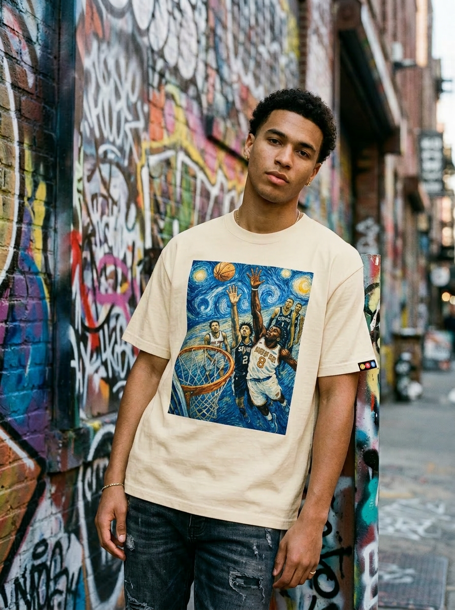 Model wearing the Hand of God Tee in Cream — front