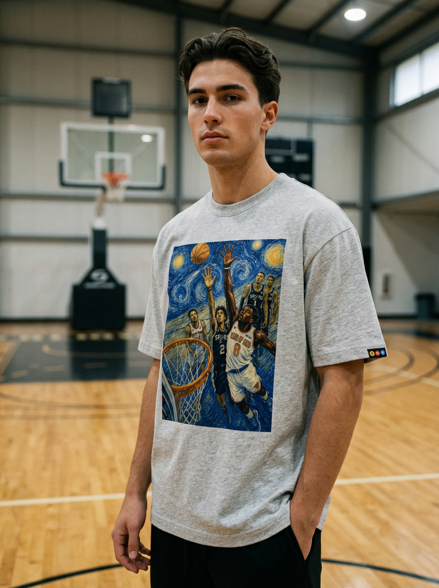 Model wearing the Hand of God Tee in Heather Grey — front