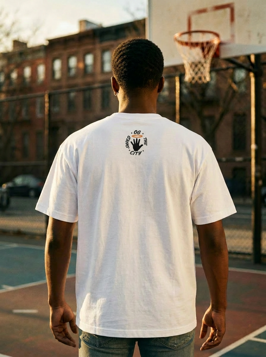 Model wearing the Hand of God Tee in White — back artwork